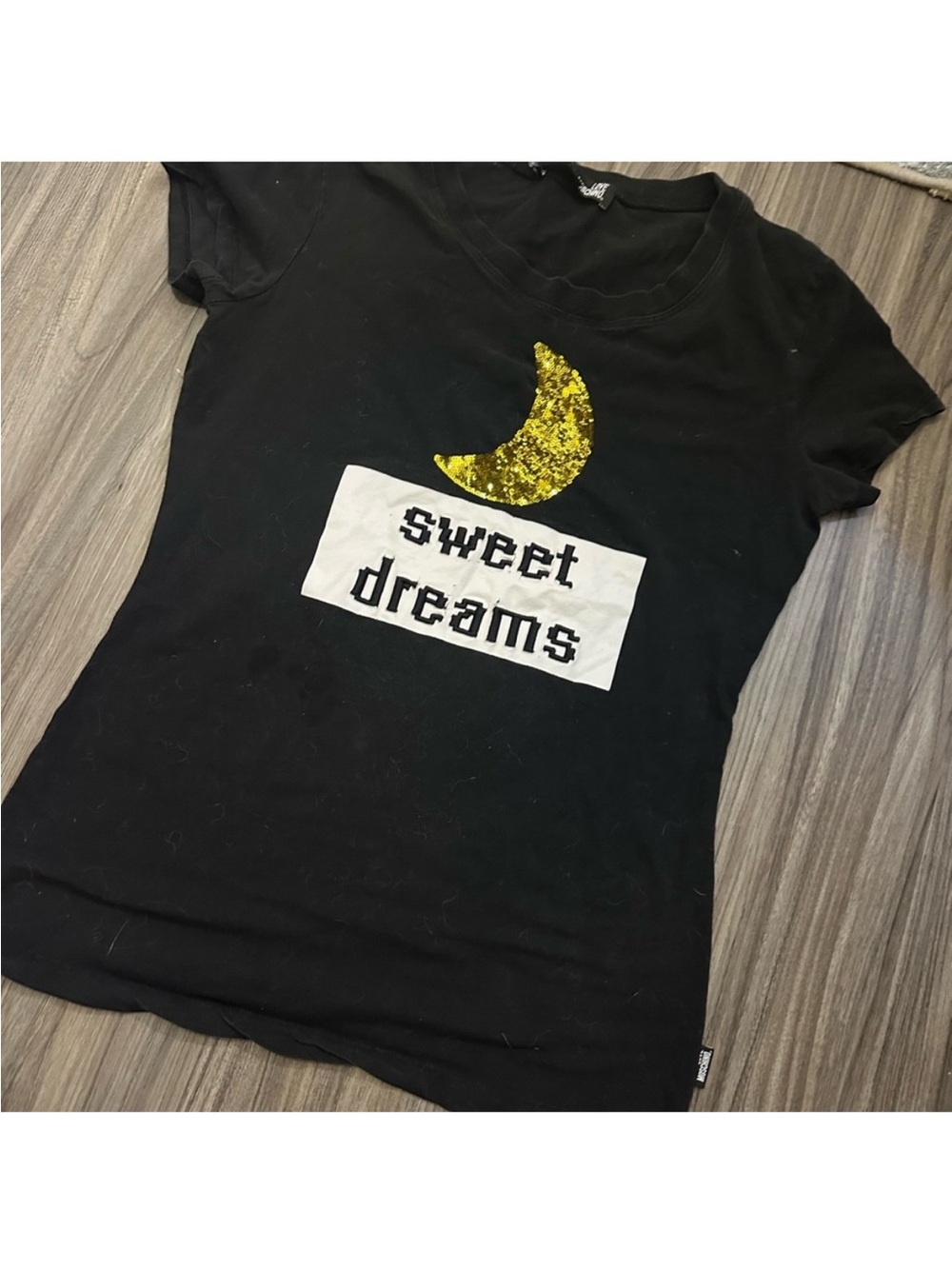 Love Moschino Black Tee with Gold Sequin Moon